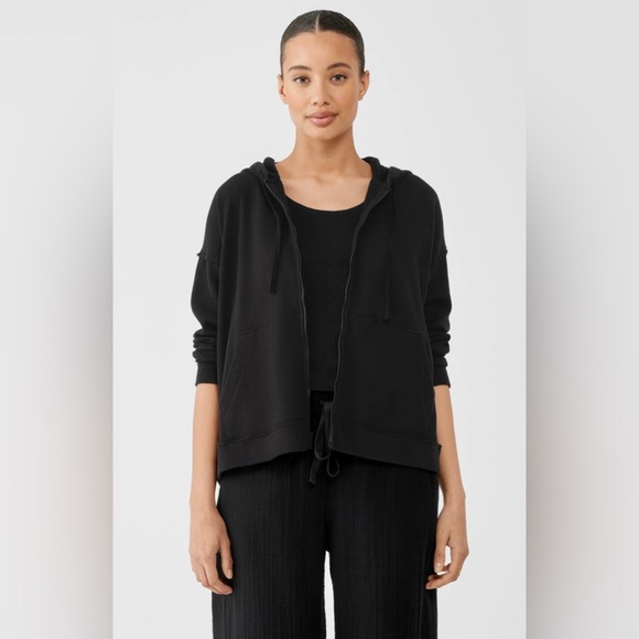 Eileen Fisher 1X Lightweight Organic Cotton Terry Hooded Top black - Picture 1 of 11